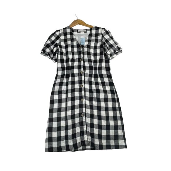 New Loft Gingham Button V-neck Dress size 0P Black/White - Picture 1 of 7